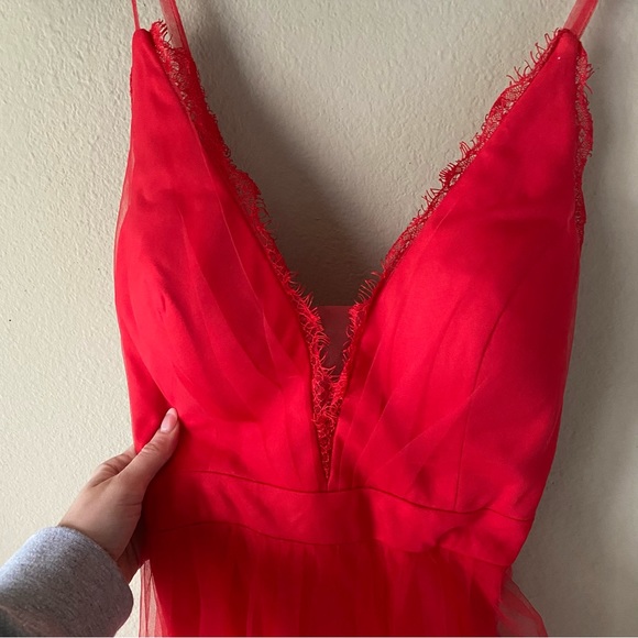 NWT PromGirl Long Open-Back Formal Tulle Prom Dress Red Deep Slit Sides Ballgown - Picture 5 of 9